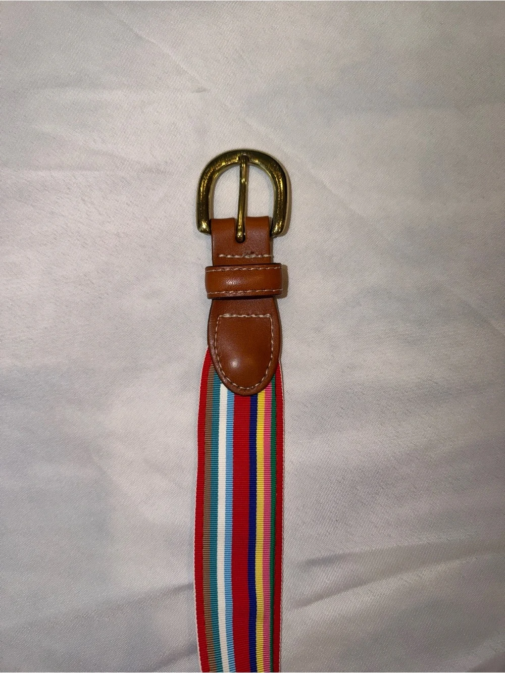 Barrons—Hunter Multicolor Stripe Belt with Brown Leather/Brass Buckle Sz 40